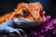 A close-up photograph showcasing the vibrant colors and vivid eyes of a lizard, creating an eye-catching image