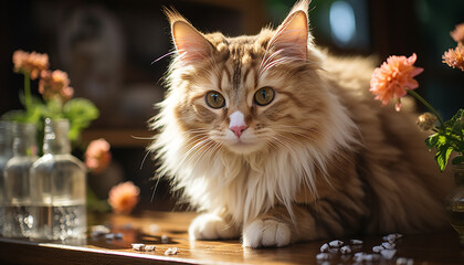 Wall Mural - Cute kitten sitting on table, looking at camera with curiosity generated by AI