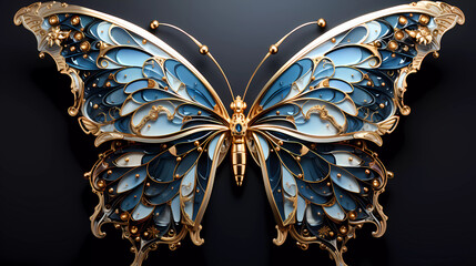 a blue and white butterfly wings with gold accents