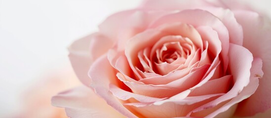 Poster - Soft pastel pink rose closeup with white background and room for text.