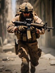 Wall Mural - Army special forces soldier in action with assault rifle in the city