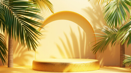 Wall Mural - A Golden Glitter Pedestal Displaying Palm Trees Leaves