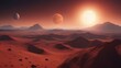 sunrise in the desert A red planet with a rocky surface and mountains. The planet has a thin atmosphere and a dusty sky.   