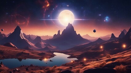 Wall Mural - sunrise over mountains exploding star near black hole, Cartoon alien fantastic landscape with moons and planets on starry sky 