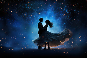 Wall Mural - A couple in an intimate dance pose against a starry night sky, evoking the timeless romance and magic of shared moments. Concept of celestial connection. Generative Ai.