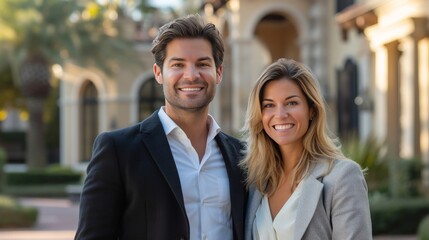 Man and woman real estate agents smiling in front of a home, or homeowners