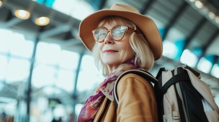 Sticker - middle aged stylish woman preparing to travel in the summer 