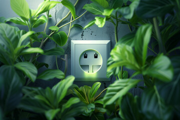 A white electrical outlet on a concrete wall, wicked curly houseplants all around. Green energy concept.