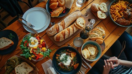 Poster -  a wooden table topped with bowls of food and plates of bread and other foods on top of a wooden table.