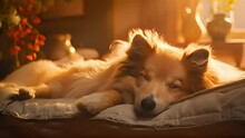 A fluffy collie dog is peacefully resting sleeping napping in a sunlit room with a warm glow highlighting its fur
