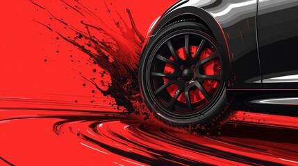 Modern car wheel with a disk on a red background and engine oil. Advertising poster. Car tires.Advertising banner for the sale. Black rubber tire. Landscape poster, flyer, booklet brochure design