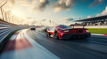 Motorsport Cars Racing On Race Track With Motion Blur Background, Cornering Scene. 3D Rendering