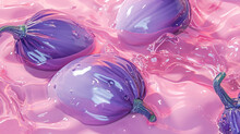  Three Purple Onions Sitting On Top Of A Pink Liquid Covered Surface With A Green Stalk Sticking Out Of The Top Of The Eggplant.