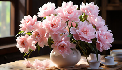 Sticker - Pink flower vase on wooden table, nature elegance generated by AI