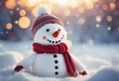 Winter holiday christmas background banner with cute funny laughing snowman with wool hat and scarf in snow