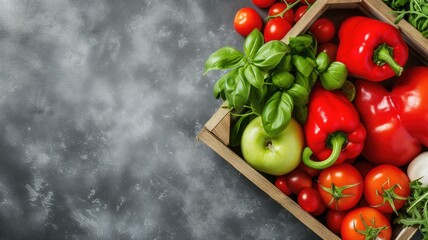 Wall Mural - Wooden crate filled with a variety of fresh vegetables and herbs