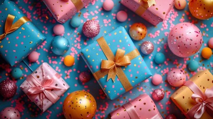 Sticker -  a blue gift box with a gold bow surrounded by pink, blue, and gold balls and confetti.