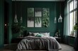 Above the bed on the bedroom's green wall are imitation poster frames. Morning light that filters through the curtain