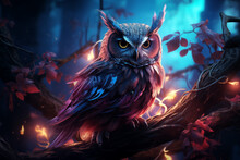 Mystical Owl Perched On A Neon-Lit Branch