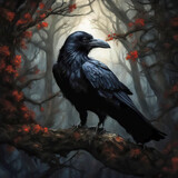 Black wise raven sits on a thick tree branch