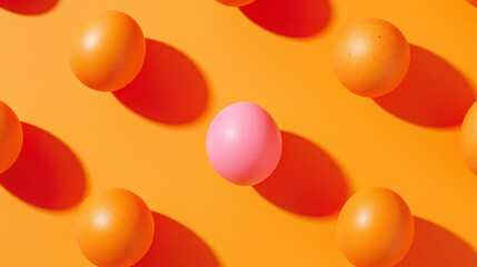 Wall Mural -  a group of eggs sitting next to each other on a yellow surface with one pink egg in the middle of the group.