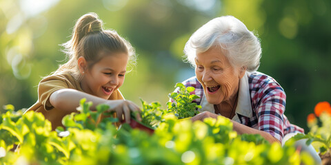 Wall Mural - Grandma and her grandchild planting at the garden and the lady teach her grandchild for gardening skils and they are really happy and make some fun