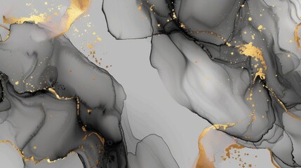  Black and gold abstract fluid ink art pattern background.