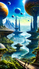 Wall Mural - Painting of sci - fi city surrounded by mountains and floating planets.