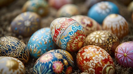 Poster -  a pile of colorfully painted eggs sitting on top of a pile of brown grass with a blue, yellow, red, and white design on top.