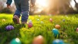 A child on an Easter egg hunt, walking in sunlit grass with colorful eggs scattered around