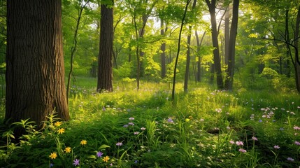 Sticker -  a lush green forest filled with lots of trees and flowers next to a lush green forest filled with lots of trees and flowers.