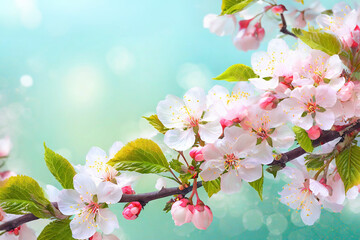 Wall Mural - Spring blossom background. Beautiful nature scene with blooming tree.