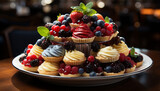 Fototapeta Dinusie - Homemade gourmet dessert berry cheesecake with chocolate and whipped cream generated by AI