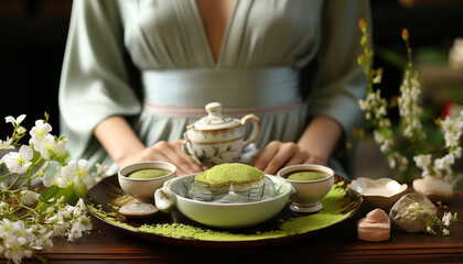 Sticker - One woman sitting, holding tea cup, smiling, surrounded by nature generated by AI