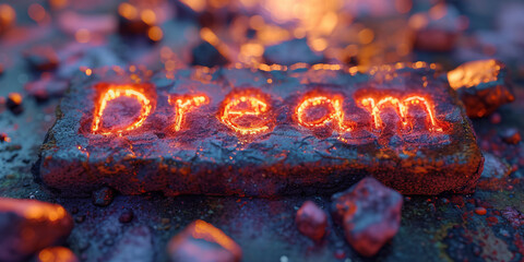 Psychedelic Dream - Illustration of 'Dream' written on stone tablet with transcendent experience Gen AI