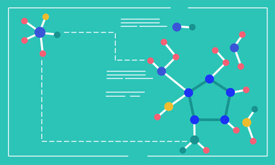 Flat design scientific molecules on turquoise background. Chemistry, biology, medicine, or pharmaceutical concept. Vector illustration of organic chemistry.