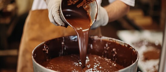 Canvas Print - Worker pouring melted chocolate from mixer into container in artisanal chocolate factory.