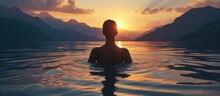 Rear view of silhouette of woman soaking in sea water enjoying sunset over mountains. AI generated