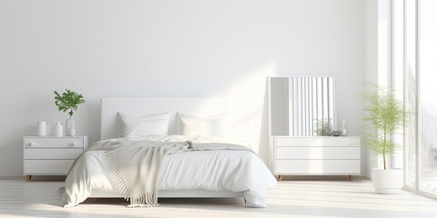 Sticker - Minimalistic white bedroom with mirrored dresser and cozy white bed, actual picture.