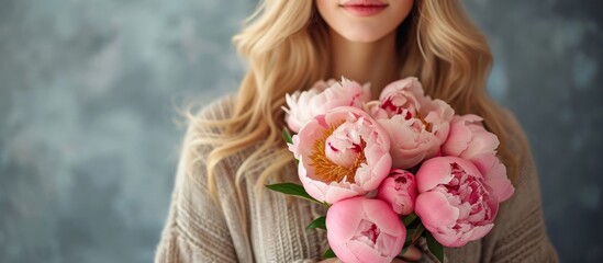 Wall Mural - Blond woman in casual outfit holding a bouquet of pink peonies.