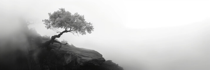 a lone tree grows on a cloud covered mountain