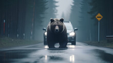 A Wild Bear In The Middle Of A Road. A Car Behind.
