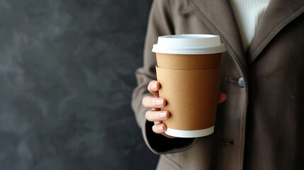 Close up of businesswoman s hand holding an empty coffee to go paper cup with a cardboard sleeve.