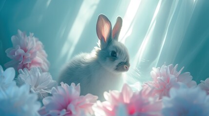 Sticker -  a white rabbit sitting in the middle of a field of pink and white flowers with a blue sky in the background.