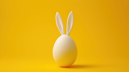 Wall Mural -  a white egg with a rabbit's ears sticking out of it's side on a bright yellow background.