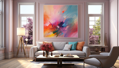 Wall Mural - Modern apartment with bright, comfortable sofa and vibrant decor generated by AI