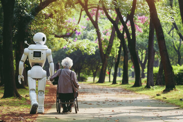 humanoid robot assisting an elderly person with walking in a park