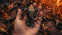  A Hand Holding A Small Toy Elephant In Front Of A Pile Of Leaves And Fire With It's Trunk In The Air.