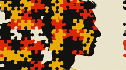 Poster - A man's silhouette is made up of pieces from a jigsaw puzzle, AI