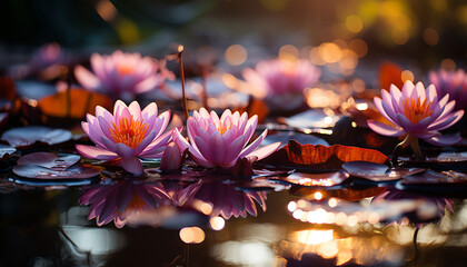 Canvas Print - Lotus water lily, pink flower head, floating on water generated by AI